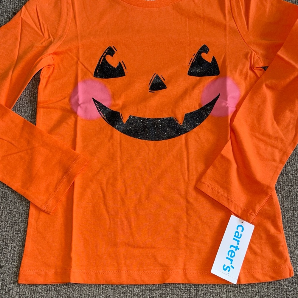 Carter's Vibrant Orange Halloween Jack-o-Lantern Sparkly Face Long Sleeve Tee 8